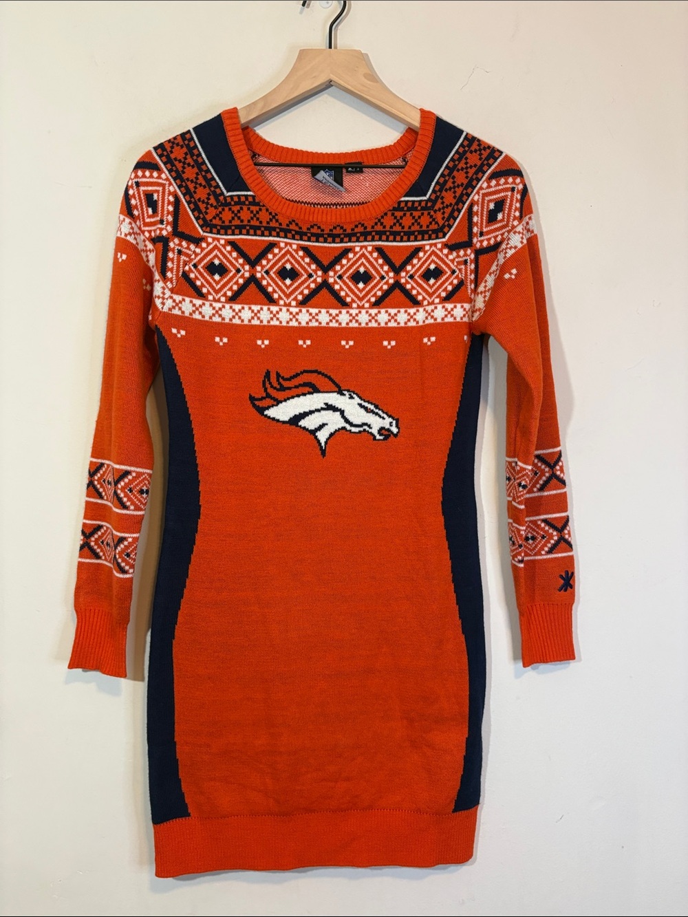 Denver Broncos Football Orange Tacky Sweater Fair Isle Long Sleeve Mini Dress S